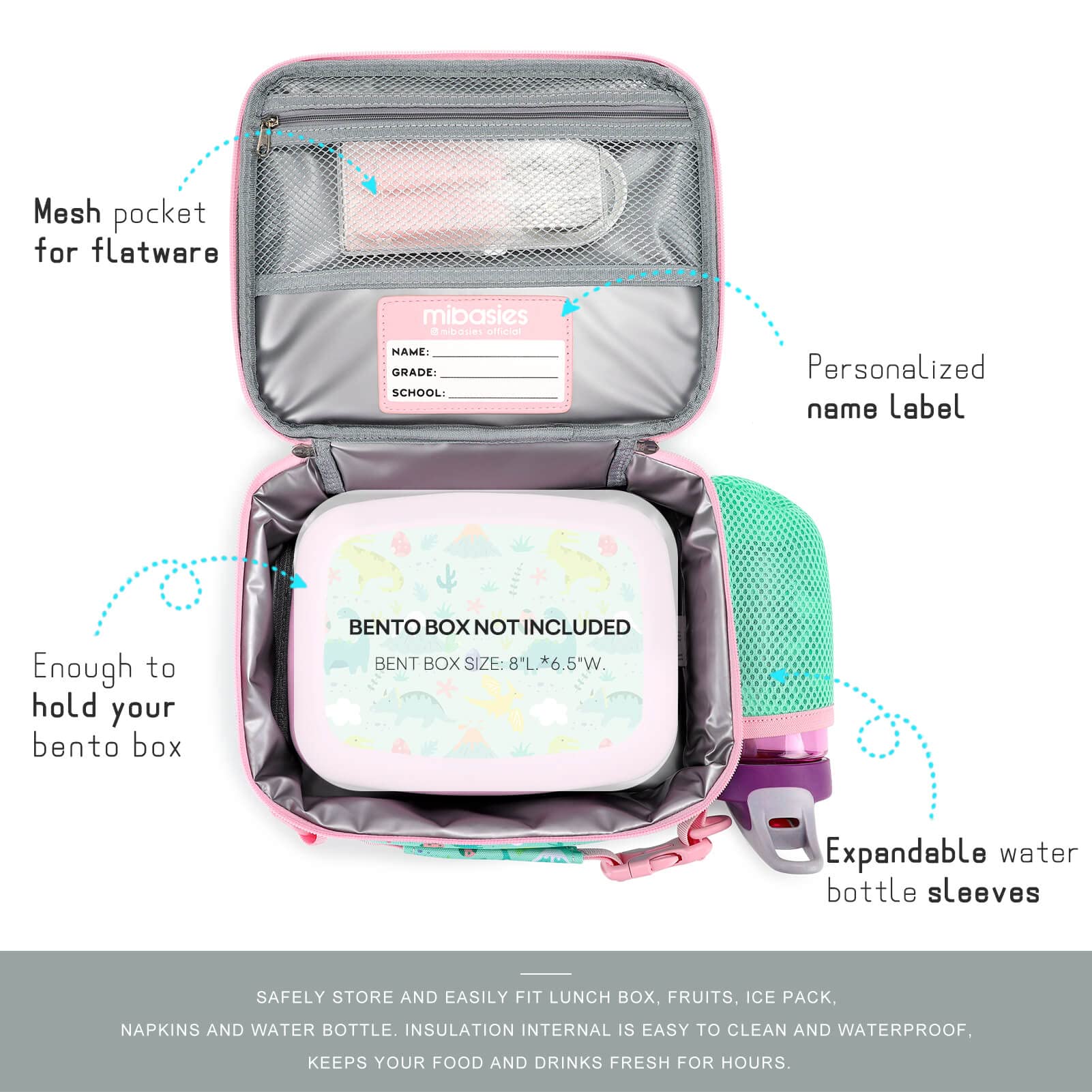 Kids Insulated Lunch Box For Girls Rainbow Bag With Water Bottle Holder