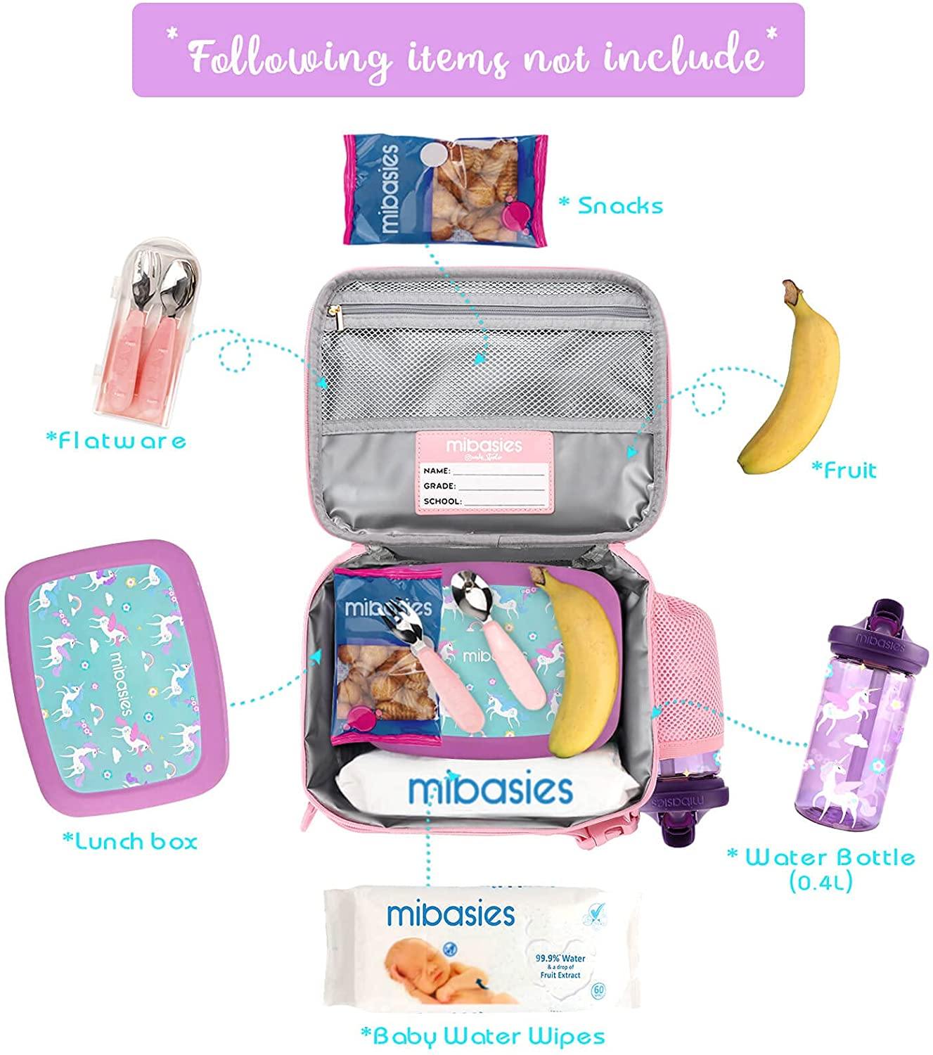  mibasies Kids Lunch Bag for Girls Leather Insulated Lunch Box  with Water Bottle Holder and Shoulder Strap (Cat) : Home & Kitchen