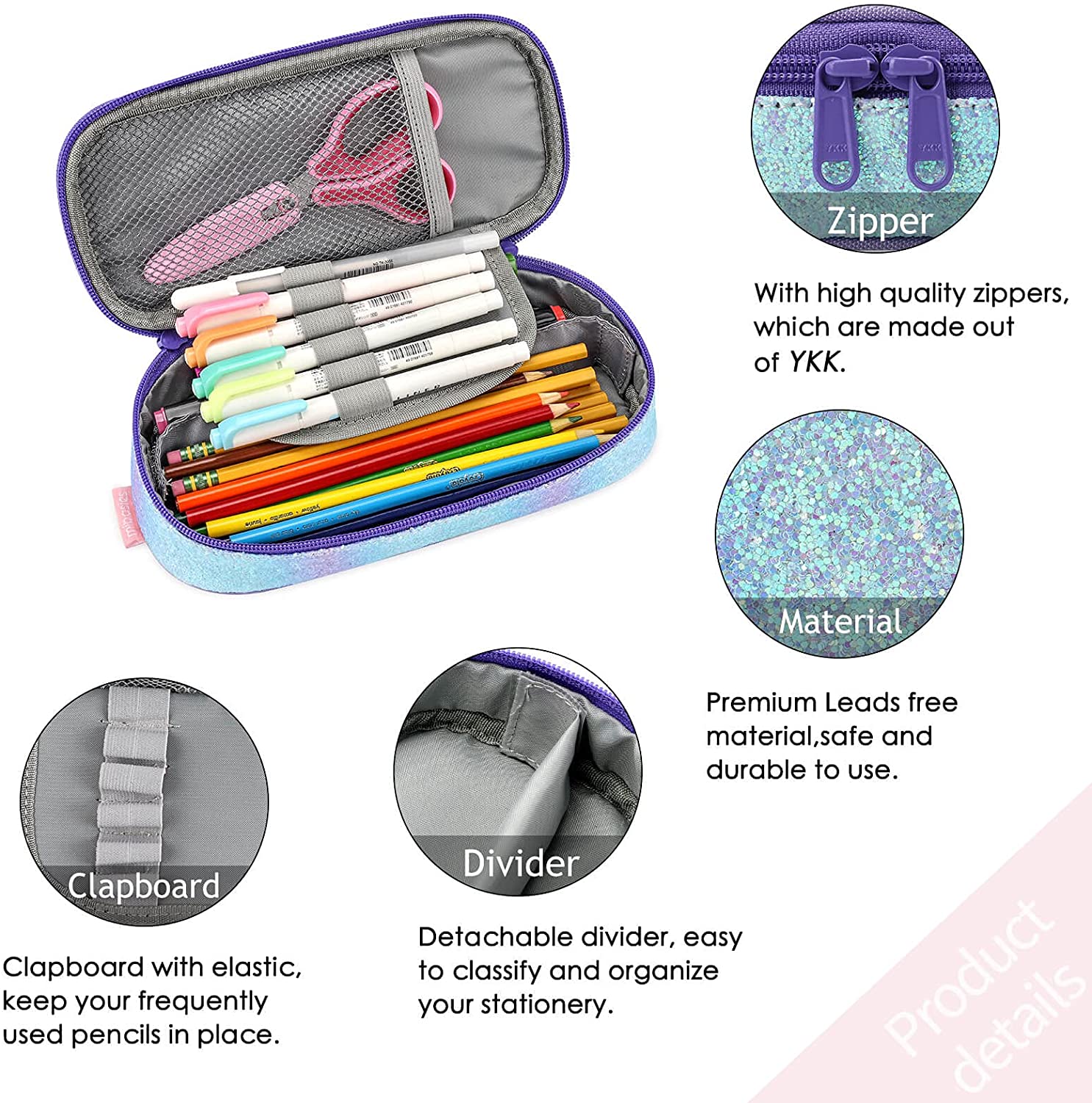 XMXY Large Capacity Pencil Case, Colorful Sparkling Heart Pencil